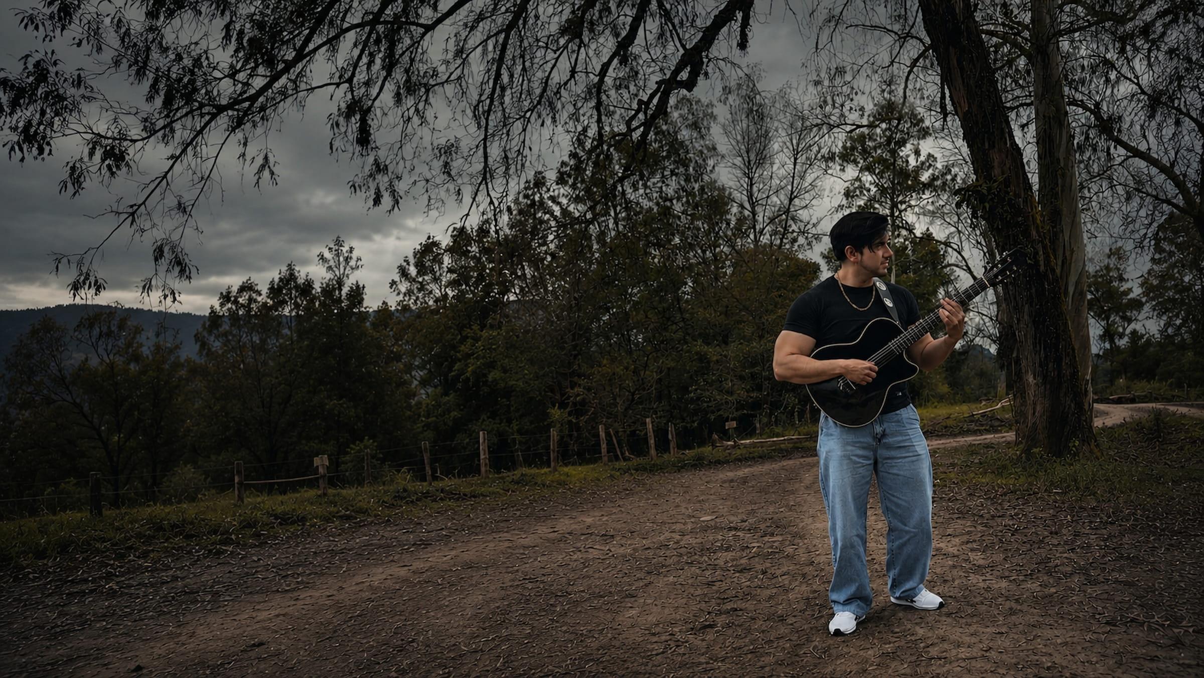 Víctor Toledo con guitarra en bosque