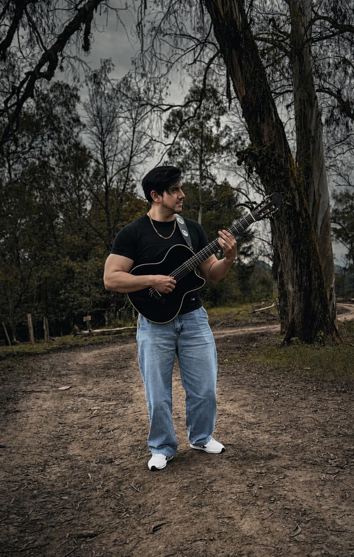 Víctor Toledo con guitarra en bosque