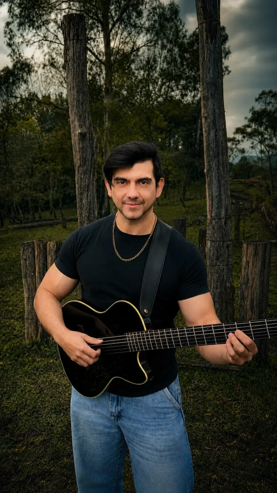 Víctor Toledo en una escena editorial con guitarra